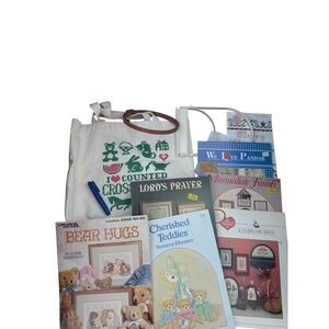 Lot VTG Cross Stitch Pattern Leaflets & Accessories Tote Bag Needlework Cottage